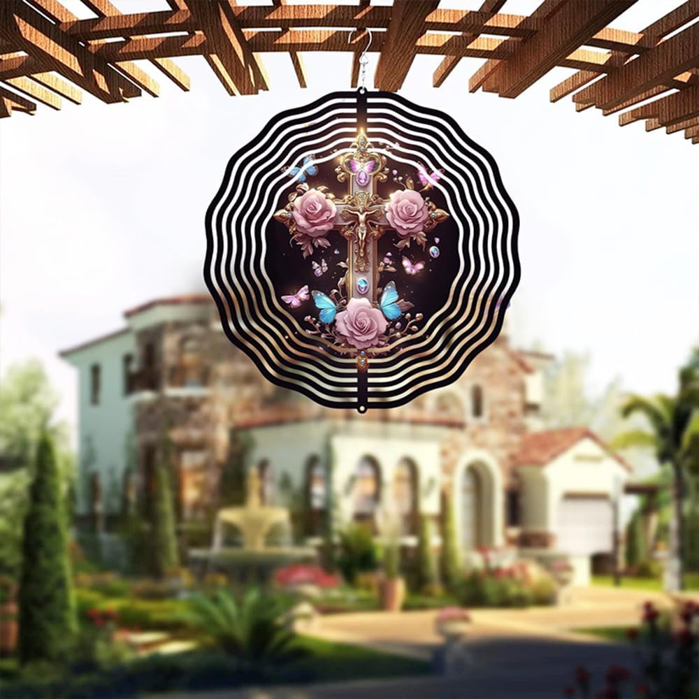 Jesus Cross Wind Spinner, Metal Wind Spinners Outdoor/Indoor, Cross Hanging Garden Decor for Outside, Stainless Wind Spinners for Yard and Garden 10 inch 3D (25.76X25 CM)