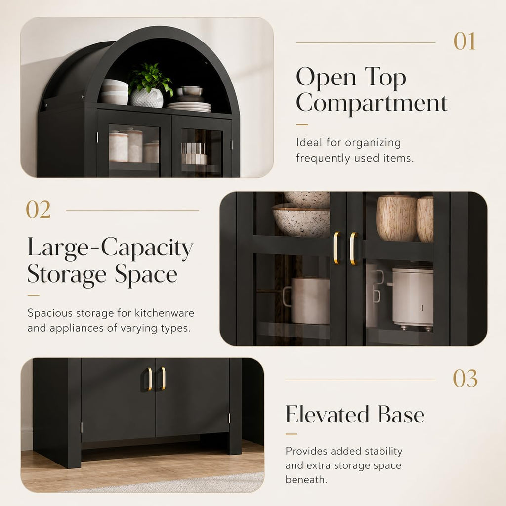 71" Tall Arched Kitchen Pantry Cabinet, Modern Farmhouse Wood Kitchens Storage Cabinets, Cupboard for Dining Room, Kitchen, Bathroom, Black