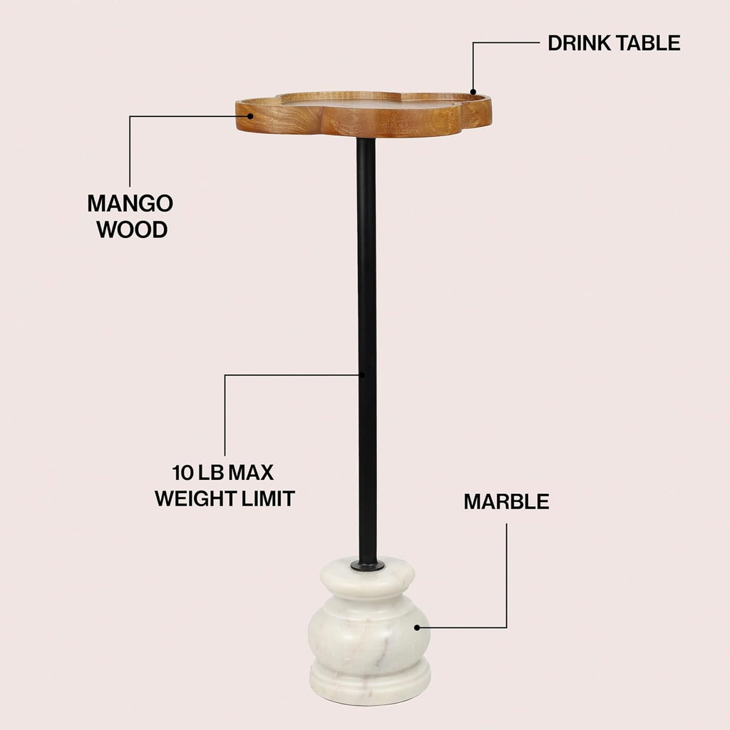JONATHAN Y Colby Mango Wood Top Drink Table, 24.5" Tall Quatrefoil Martini Accent Table with White Marble Base and Black Iron Pedestal for Small Spaces in Living Room and Bedroom END3000A