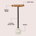 JONATHAN Y Colby Mango Wood Top Drink Table, 24.5" Tall Quatrefoil Martini Accent Table with White Marble Base and Black Iron Pedestal for Small Spaces in Living Room and Bedroom END3000A