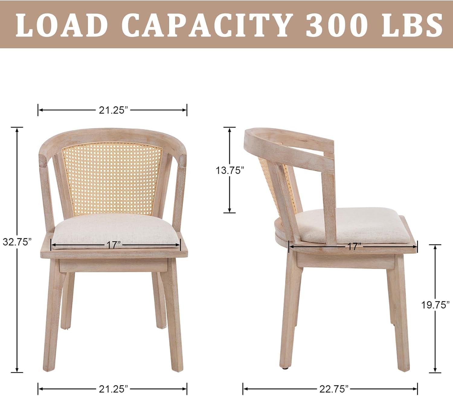 Kmax Rattan Dining Chair Set of 4 Farmhouse Semi Barrel Dining Room Chair Wooden Upholstered Chair for Kitchen Living Room, Oak