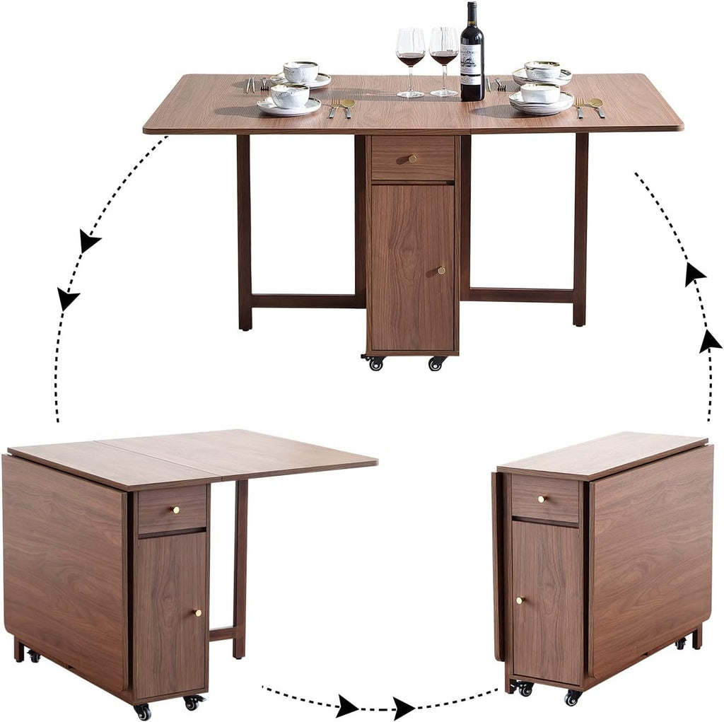 COMUHOME Extendable Drop Leaf Folding Dining Table with 4 Chairs, Collapsible Folable Dining Table with 2 Drawers and 4 Wheels, Space Saving Table for Living Room Kitchen Farmhouse in Walnut