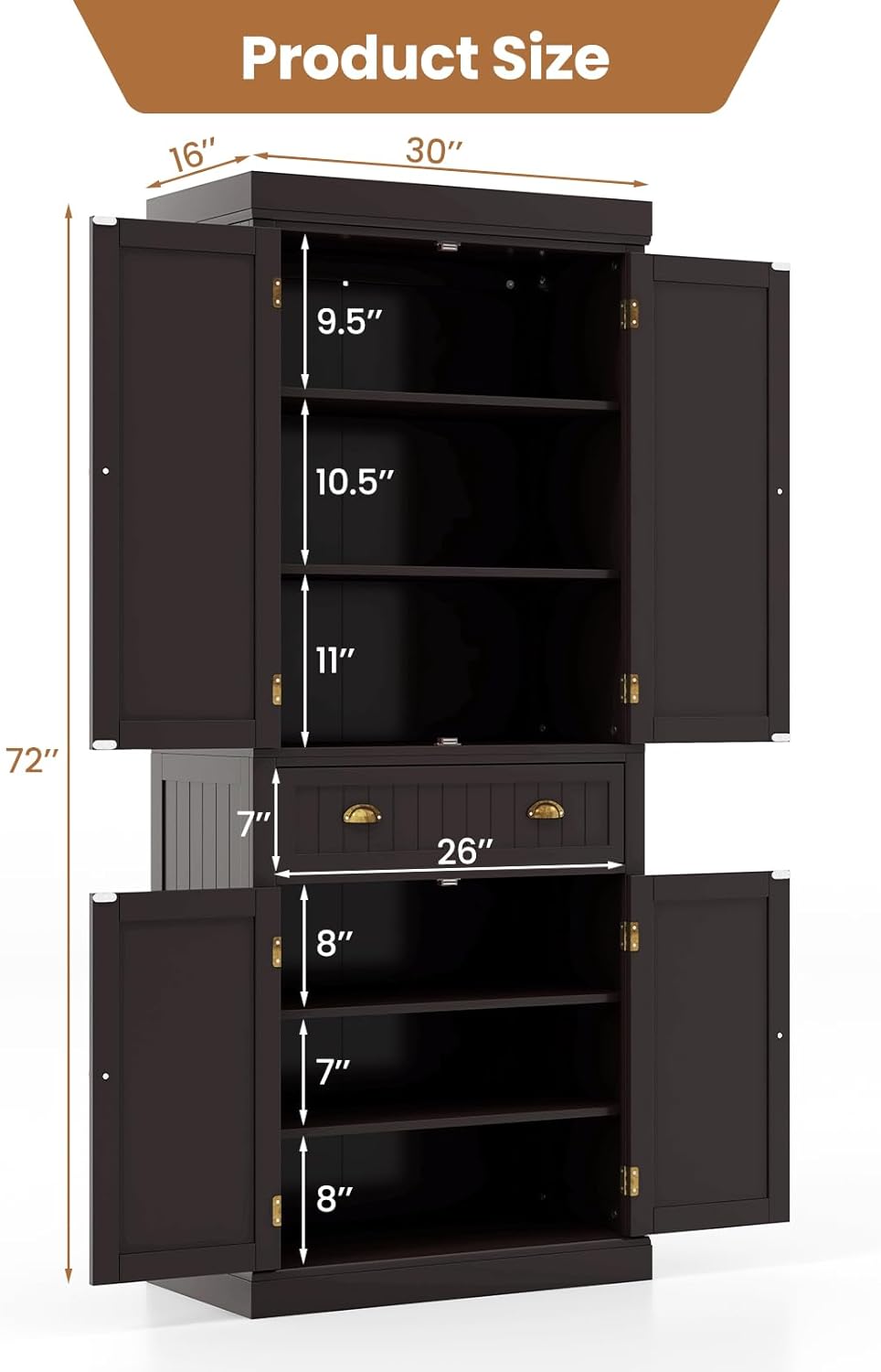 DORTALA 72” Tall Kitchen Pantry Cabinet, Wood Storage Cupboard w/ 4 Adjustable Shelves, 2 Cabinets & Drawer, Utility Freestanding Storage Cabinet for Kitchen, Hallway, Living Room, Brown