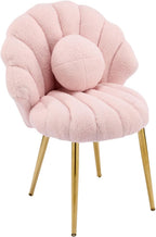 VINGLI Shell-Shaped Teddy Fleece Accent Vanity Chair with Back,Comfy Pink and Gold Desk Chair No Wheels,Cute Small Pearl Deco Pillow,Gift for Girls/Women,for Makeup,Office,Dining,Nail,Sewing,Bedroom