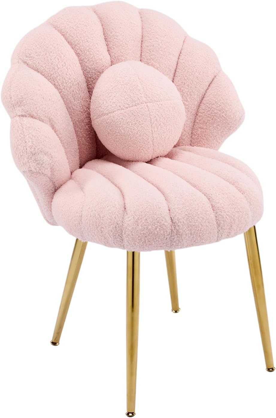 VINGLI Shell-Shaped Teddy Fleece Accent Vanity Chair with Back,Comfy Pink and Gold Desk Chair No Wheels,Cute Small Pearl Deco Pillow,Gift for Girls/Women,for Makeup,Office,Dining,Nail,Sewing,Bedroom