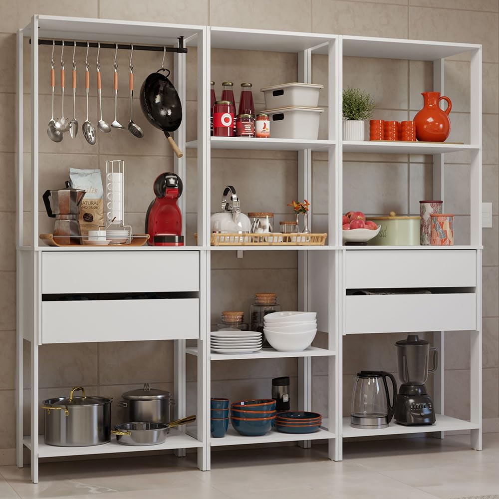 Madesa Kitchen Pantry Storage Rack with 4 Drawers, Open Shelves and Hanging Space 78" L Multiuse Modular Cabinet for Kitchen Organization - White