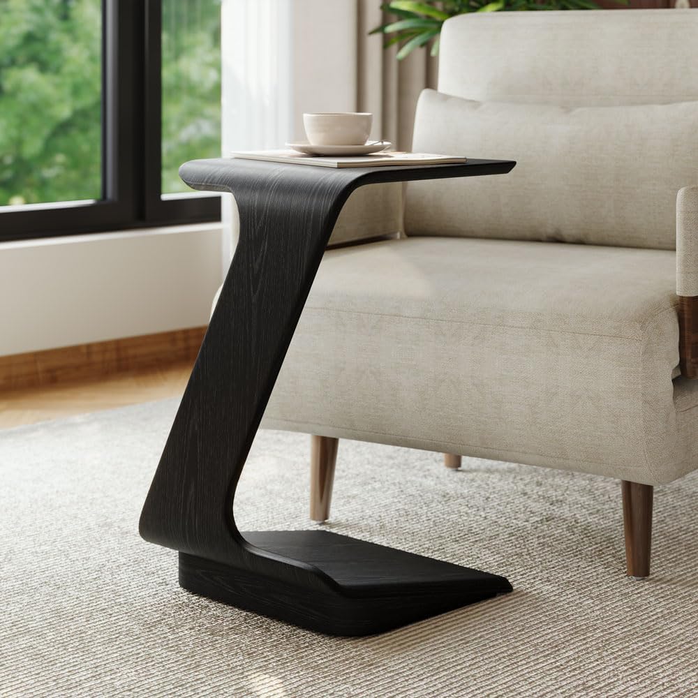 POVISON Modern C-Shaped Side Table Set with Wheels, 15" End Table for Small Spaces, Couch Tables that Slide Under, C Shaped Side Tables Living Room and Bedroom for Sofa, Bed,Chair,Black