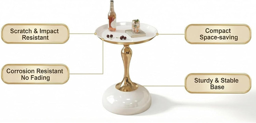 Small White Round Side Table with Gold Pedestal Base - Modern Chic Accent End Table for Living Room, Bedroom & Office Spaces