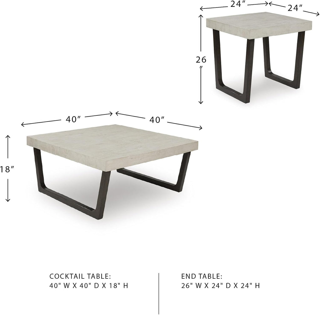 Signature Design by Ashley Westenfort 2-Piece Square Coffee Table Set | Square coffee table and end table sets with light gray faux cement melamine laminate tops, Dark espresso brown hardwood legs