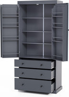 RUNNA 35x17.7x77inch High Freestanding Kitchen Pantry Large Cupboard Storage Cabinet with 2 Drawers, 2 Adjustable Shelves, 8 Door Shelves for Kitchen, Dining Room (Gray#047)