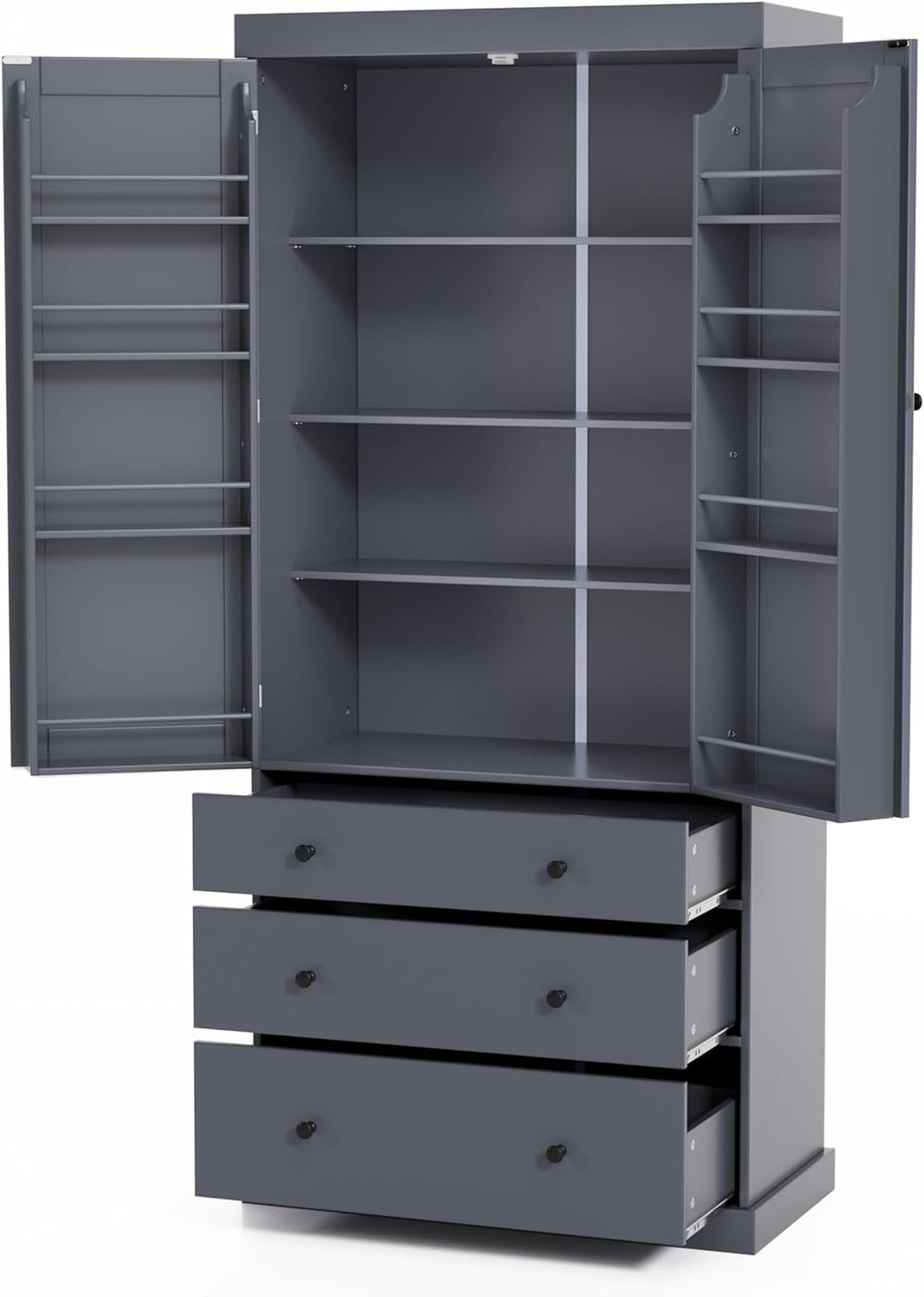 Bellemave Large Kitchen Pantry Freestanding Cupboard Storage Cabinet with 3 Adjustable Shelves, 8 Door Shelves, 3 Drawers High Kitchen Buffet Cabinet for Living Room, Kitchen (Grey)