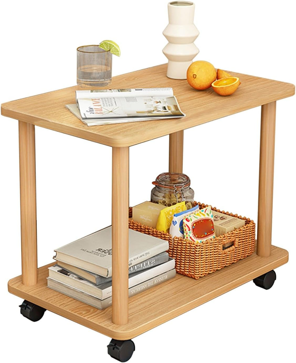 2 Tier Side Table,360 Degree Swivel Solid Wood Legs Easy Assembly Side Table Bedside Tables Open Shelf Sofa Small Tea Table for Living Room, Bedroom, Home Office Entryway, Farmhouse Wooden C