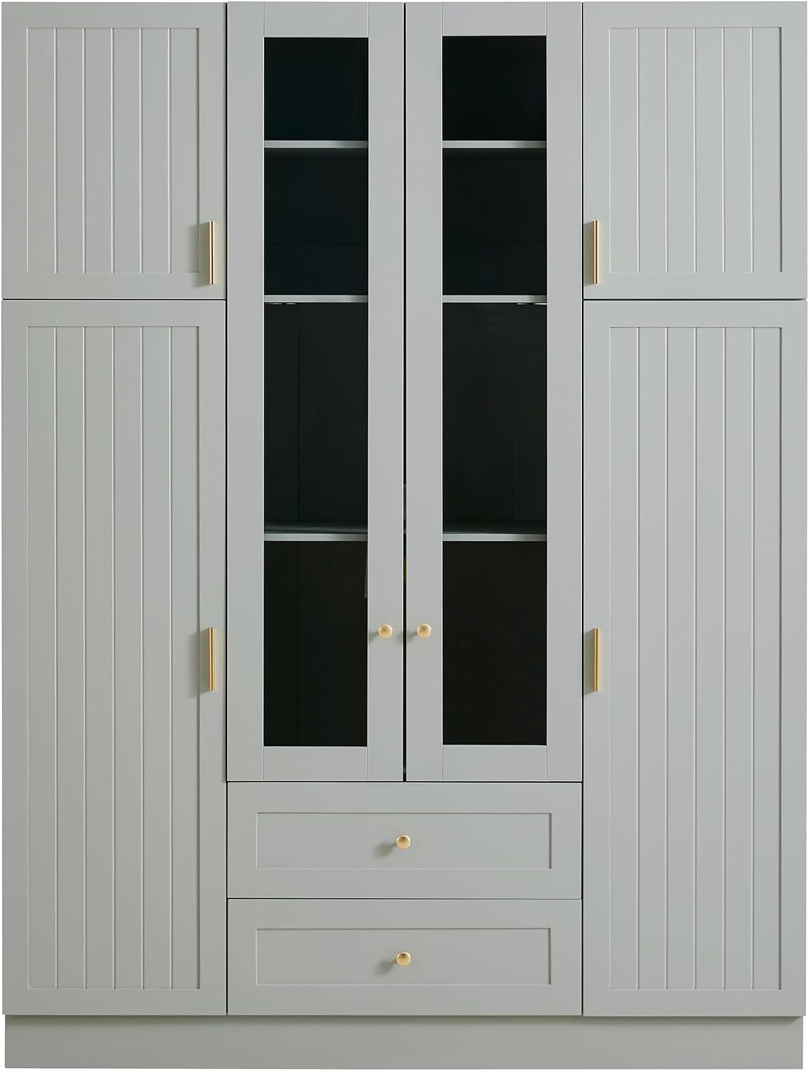 71" H Large Kitchen Pantry with 6 Doors, 53.2" L x 17.7" W Wooden Cupboard with Drawers, Pull-Out Trays, Wine Rack and Adjustable Shelves for Dining Room, Gray-Green