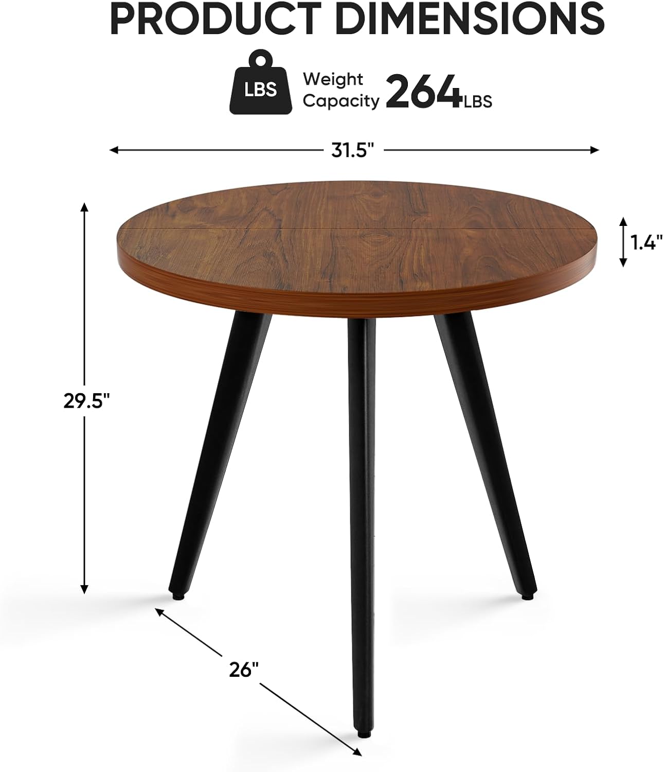 Round Dining Table, Small Dining Table for 2, 31.5" Round Table, Mid-Century Modern Kitchen Table with 1.4" Thickness Wood Grain Tabletop for or Small Space, Dining Room, Kitchen, UG Brown