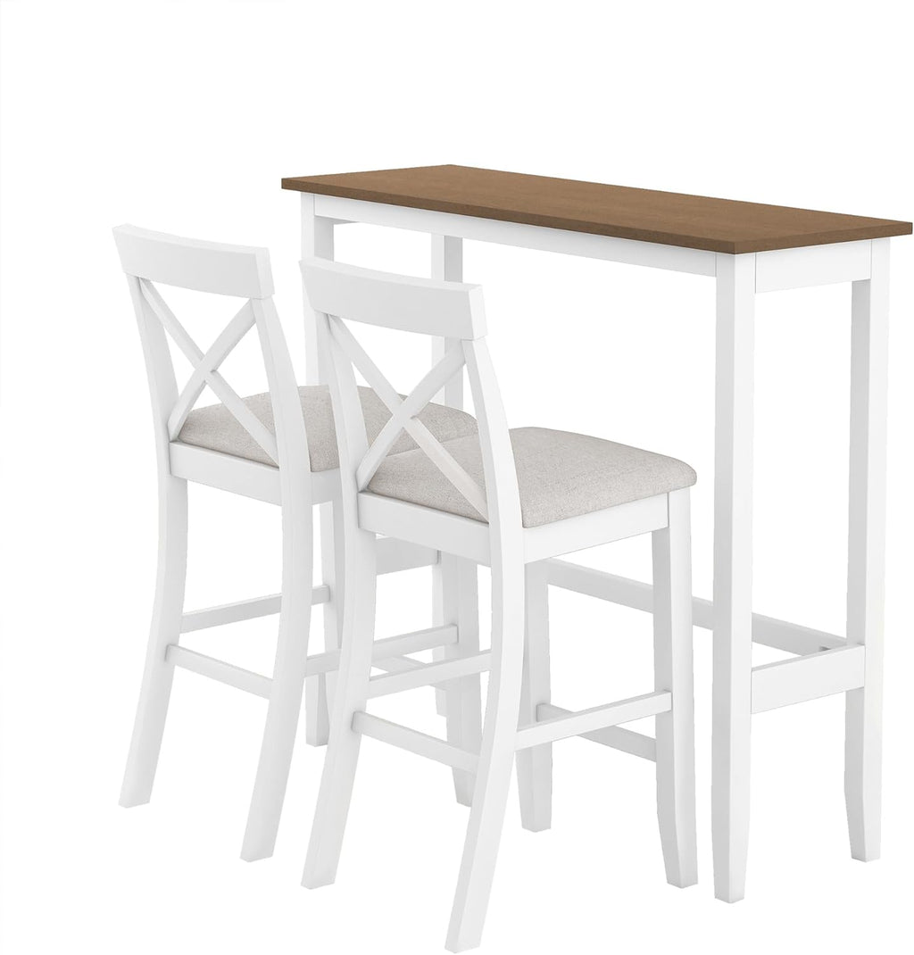LUMISOL 3 Piece Pub Table and Chair Set, Small Wood Counter Height Bar Table Set for 2, Breakfast Nook Table Set, 3 Piece High Top Dining Table for Kitchen, White + Beige