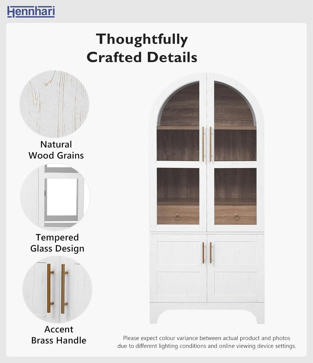 71" Tall Storage Cabinet with Arched Glass Doors, Pantry Cabinet with Solid Doors & Adjustable Shelves, Freestanding Kitchen Display Cabinet for Dining Room, Living Room (White)