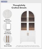 71" Tall Storage Cabinet with Arched Glass Doors, Pantry Cabinet with Solid Doors & Adjustable Shelves, Freestanding Kitchen Display Cabinet for Dining Room, Living Room (White)