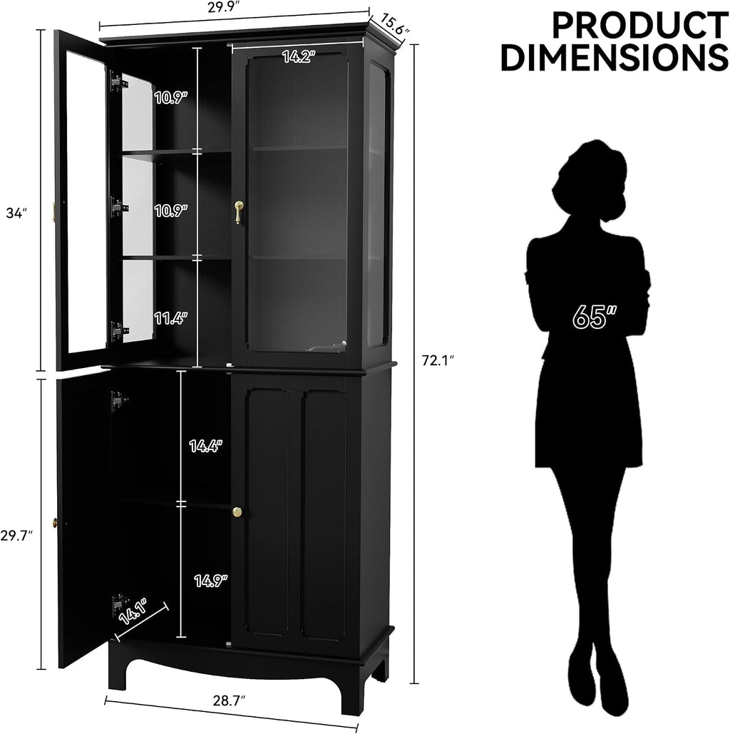 ARTPOWER 72" Freestanding Kitchen Pantry Storage Sideboard, Classical Tall Cabinet with Glass Door and Adjustable Shelves for Kitchen, Livingroom and Dining Room, Black