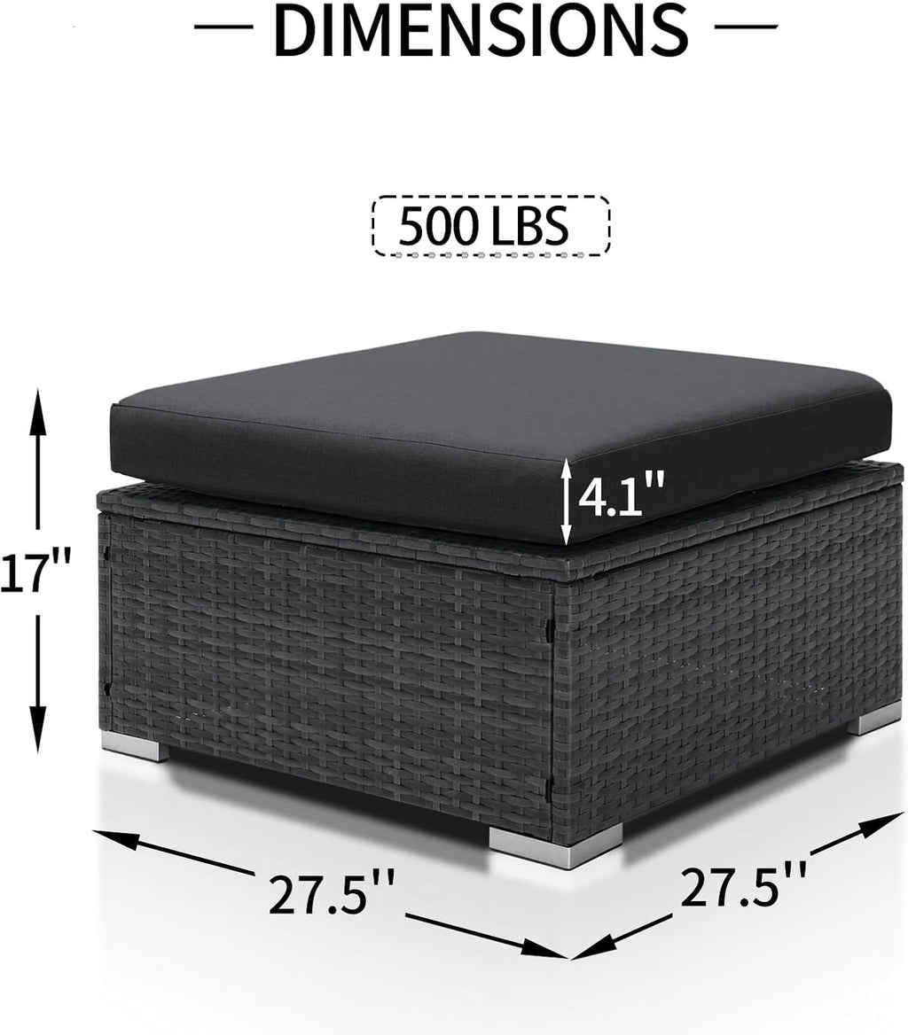 NICESOUL Modern Luxury All-Weather Outdoor Wicker Ottoman Set of 2, 500 Lbs Alloy Steel Frame Footrest, Comfortable Wide Deep Seat 2-Piece Rattan Foot Stool with Padded Cushion for Patio, Dark Gray