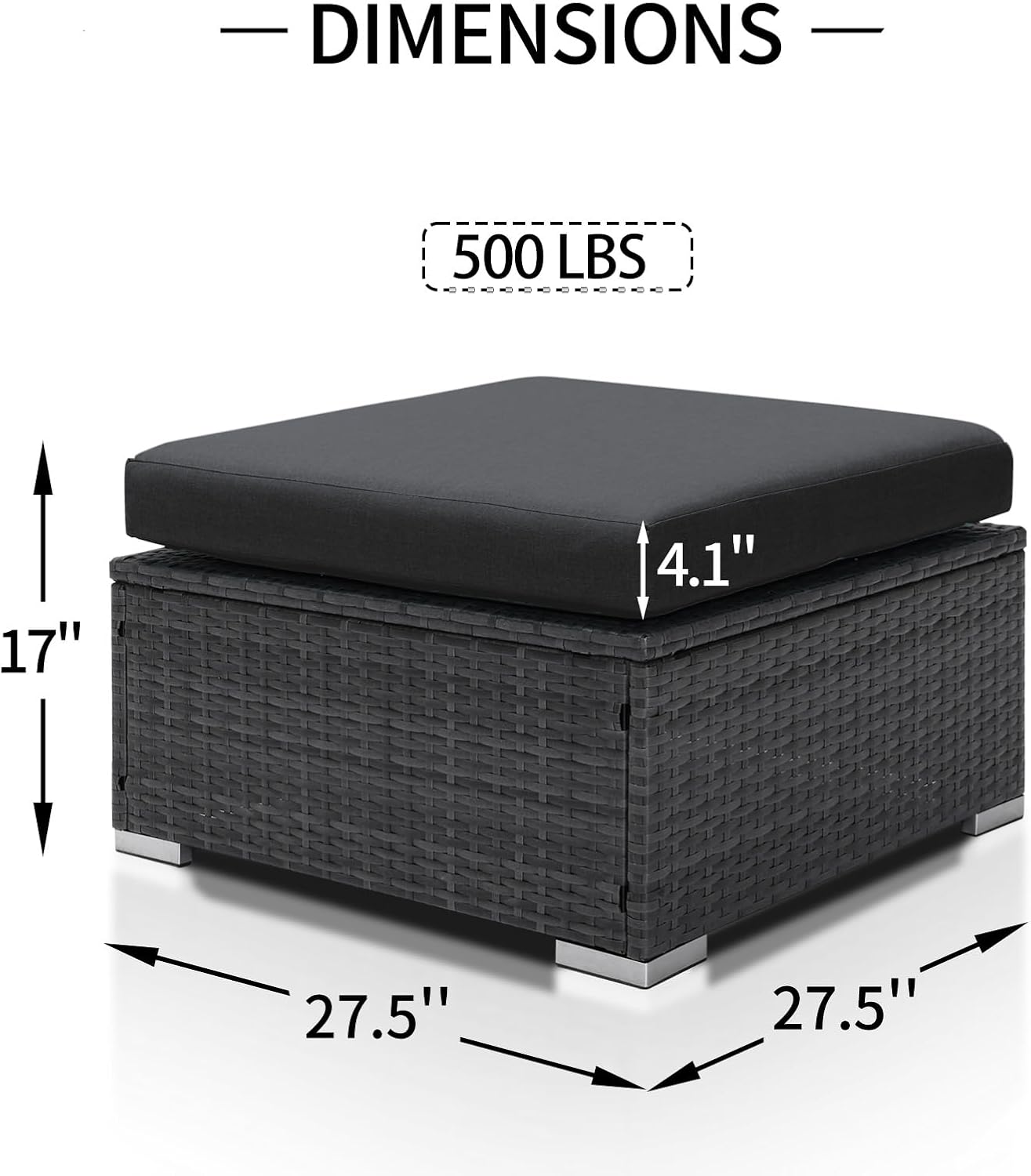 NICESOUL Modern Luxury All-Weather Outdoor Wicker Ottoman Set of 2, 500 Lbs Alloy Steel Frame Footrest, Comfortable Wide Deep Seat 2-Piece Rattan Foot Stool with Padded Cushion for Patio, Dark Gray