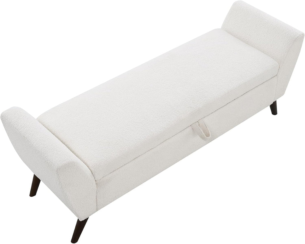 GDFStudio 60" Storage Bench with Seat & Hidden Storage, Teddy Fabric Upholstered Entryway Bedroom Bench, Solid Wood Frame, Rubber Wood Legs, Foam Cushion Seat, Cream