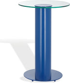 SAFAVIEH Couture Collection - Richardson Blue Metal Accent Table, Sculptural Modern Side Table, Round Glass Top Design (SFV6804C)