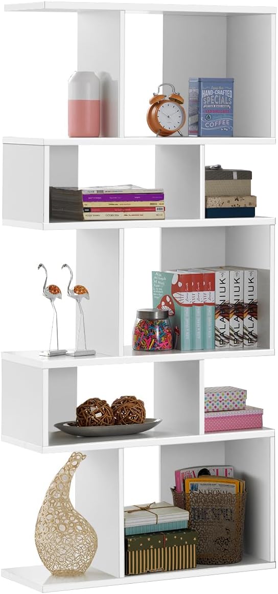 Giantex 5-Tier Geometric Bookshelf White, 70'' Tall Wood Freestanding Decorative Display Open Shelves with Anti-Tipping Device, Each Shelf Holds up to 44 lbs, Wooden S Shaped Bookcase