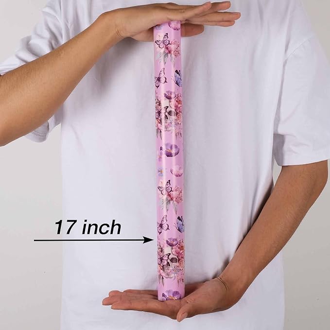 Aimyoo Gothic Wrapping Paper Roll, 17 Inch X 33 Feet Skull Floral Butterfly Design Gift Wrap Paper for Mother's Day, Birthday Bridal Shower