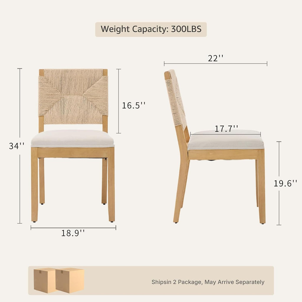 Boho Mid Century Modern Dining Chairs Set of 4, Rattan Dinning Chair with a Square Back, Warm Beige Cane Dining Chair, Linen Upholstered Kitchen and Dining Room Chairs, Sillas para Comedor
