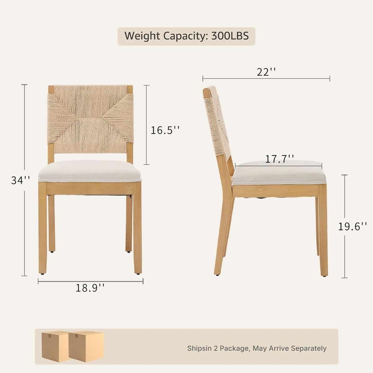 Boho Mid Century Modern Dining Chairs Set of 4, Rattan Dinning Chair with a Square Back, Warm Beige Cane Dining Chair, Linen Upholstered Kitchen and Dining Room Chairs, Sillas para Comedor