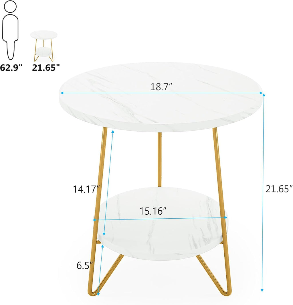 Tribesigns 2 Tier Round Side Table, Faux Marble End Table with Shelf, Small Gold Accent Nightstand for Living Room, Bedroom or Couch Side, White and Gold