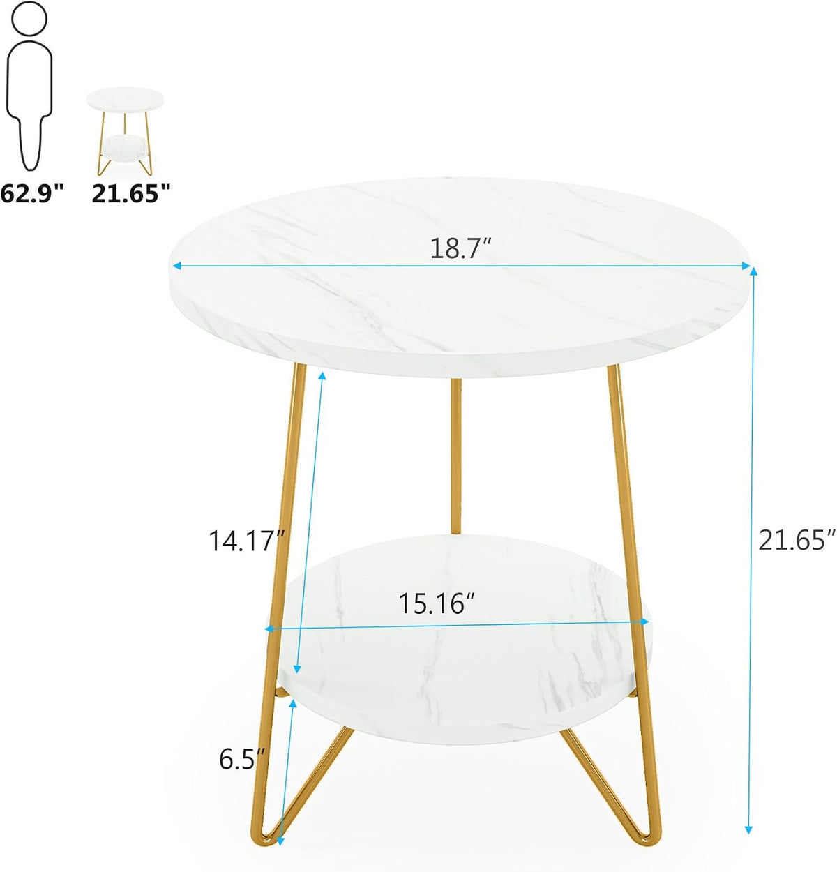 Tribesigns 2 Tier Round Side Table, Faux Marble End Table with Shelf, Small Gold Accent Nightstand for Living Room, Bedroom or Couch Side, White and Gold