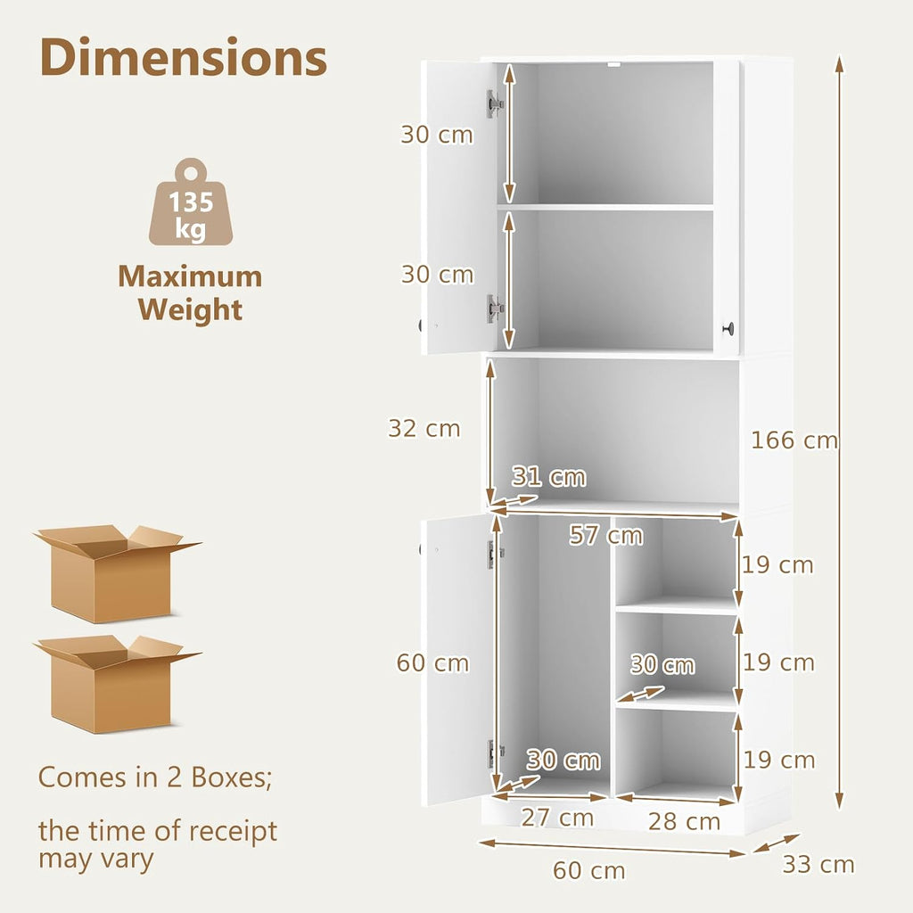 TANGZON Tall Kitchen Cupboard, 3-door Storage Cabinet with Countertop, Open Shelves & Anti-tipping Device, Freestanding Pantry Cupboard Kitchen Units for Dining Room Living Room, White