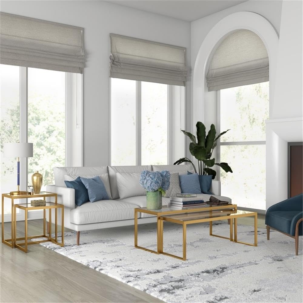 MAKLAINE Contemporary Metal/Tempered Glass Side Table, 22 in, Brass Finish, Handcrafted Steel Frame, Rectangle Shape, Set of 2, Living Room Accent Table