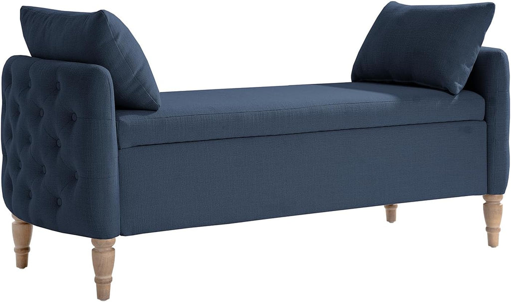 HULALA HOME Storage Bench for Bedroom with Throw Pillows, 59" Large Bedroom Ottoman Bench with Solid Wood Frame, Comfy Upholstered Footstool with Flip-top for Living Room, Entryway, Indigo