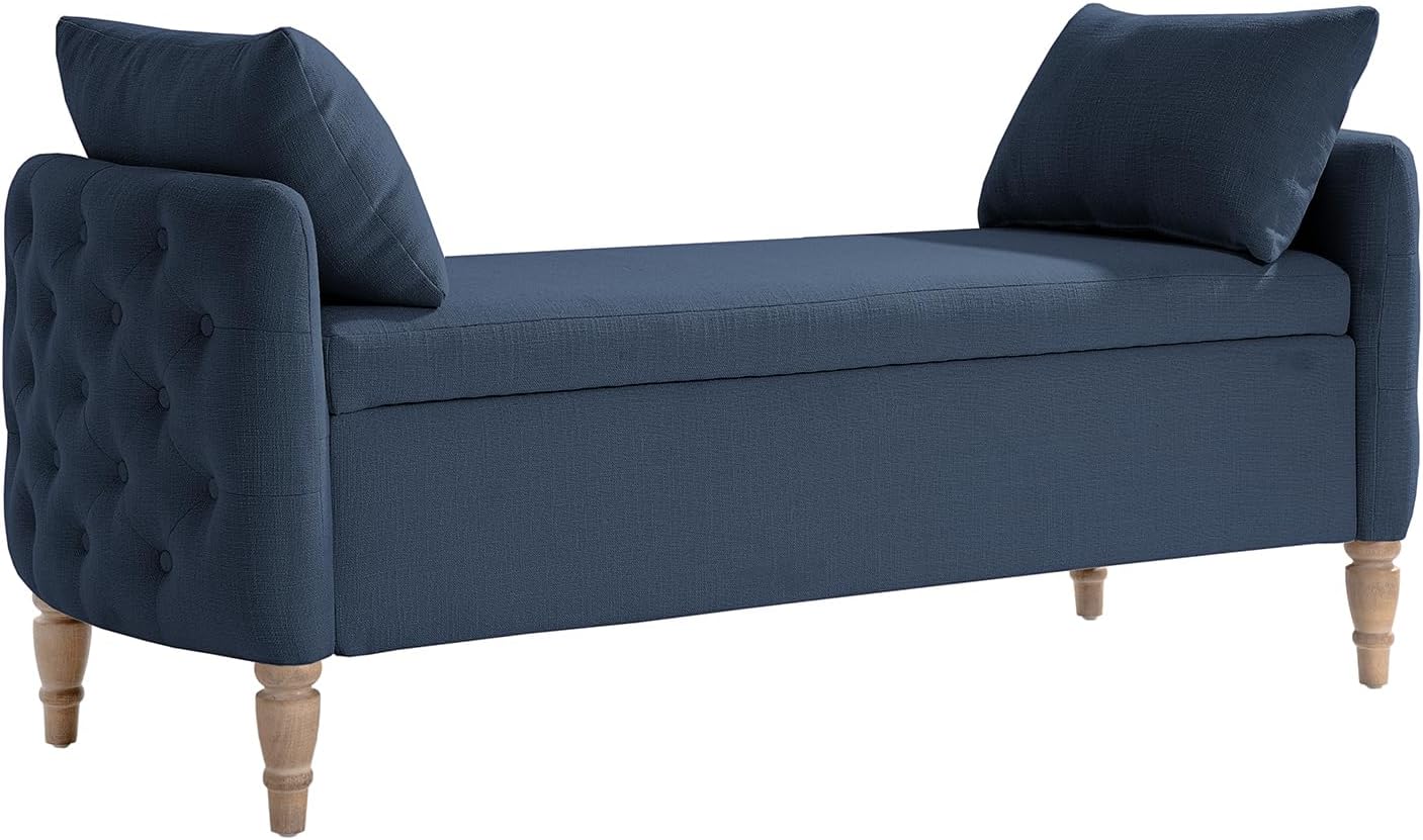 HULALA HOME Storage Bench for Bedroom with Throw Pillows, 59" Large Bedroom Ottoman Bench with Solid Wood Frame, Comfy Upholstered Footstool with Flip-top for Living Room, Entryway, Indigo