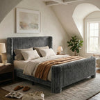 Queen Bed Frame with Faux Fur Upholstered Curved Wingback Headboard & Footboard, Platform Bed with Removable Washable Cover & Wood Slats, Noise-Free, No Box Spring Needed, Easy Assembly, Grey