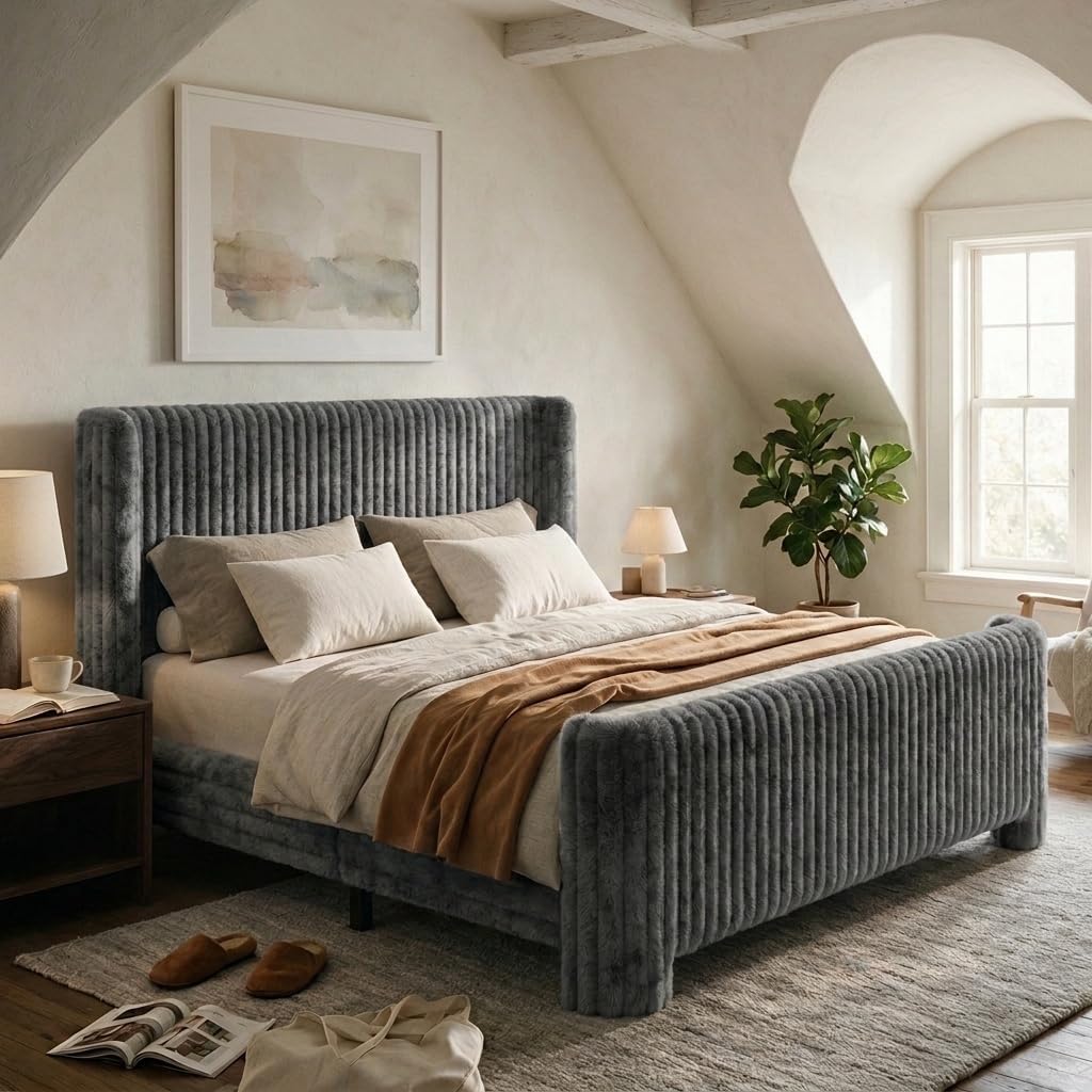 Queen Bed Frame with Faux Fur Upholstered Curved Wingback Headboard & Footboard, Platform Bed with Removable Washable Cover & Wood Slats, Noise-Free, No Box Spring Needed, Easy Assembly, Grey