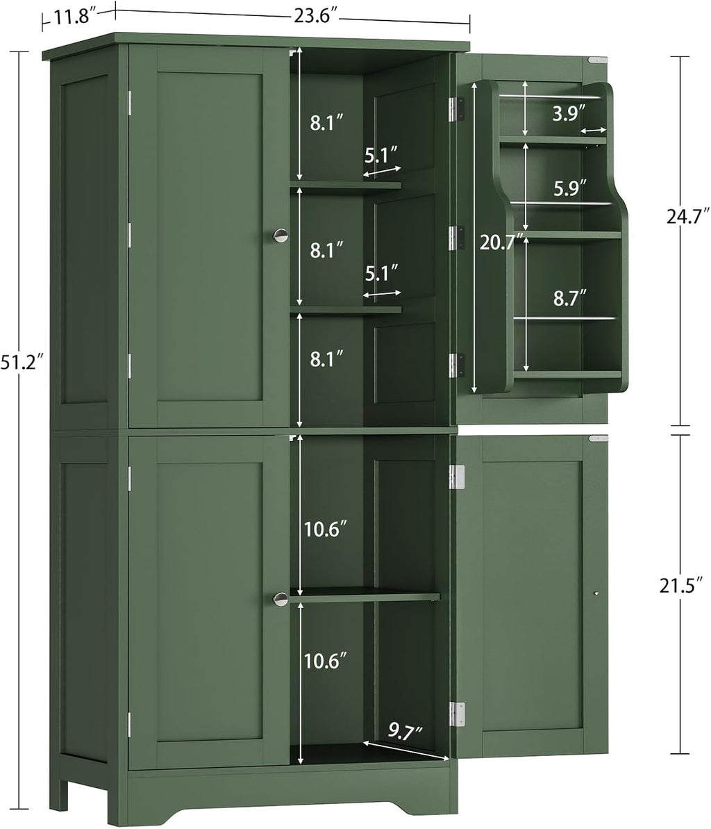 TEENFON 51" H Pantry Cabinet with 4 Doors, Kitchen Cabinet with 6 Door Shelves, Kitchen Pantry for Living Room, Dining Room, Bathroom, Green