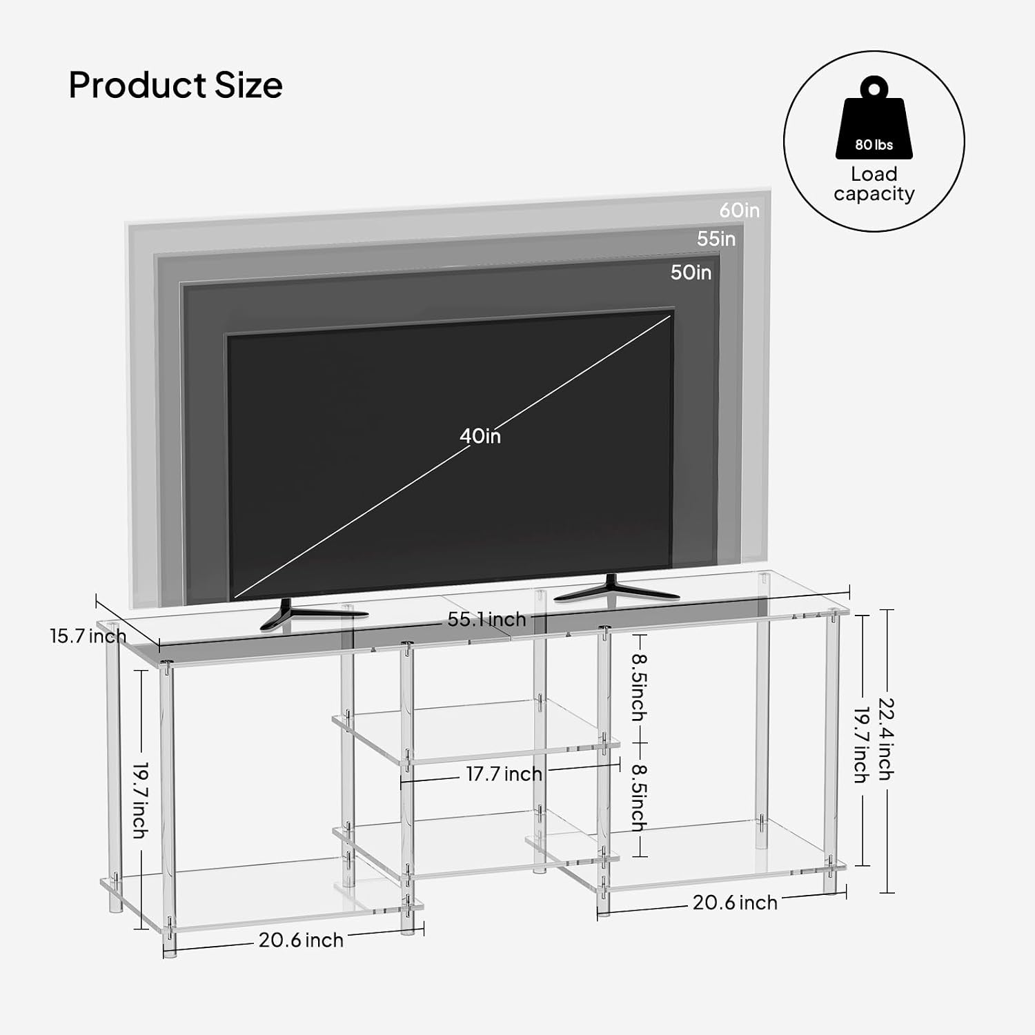 Eglaf Acrylic 55 Inch TV Stand, 3-Tier Entertainment Center, Up to 60 Inch | Clear TV Console Table with Open Storage Shelves, for Living Room, Bedroom, 55.1'' L x 15.7'' W x 22.4'' H