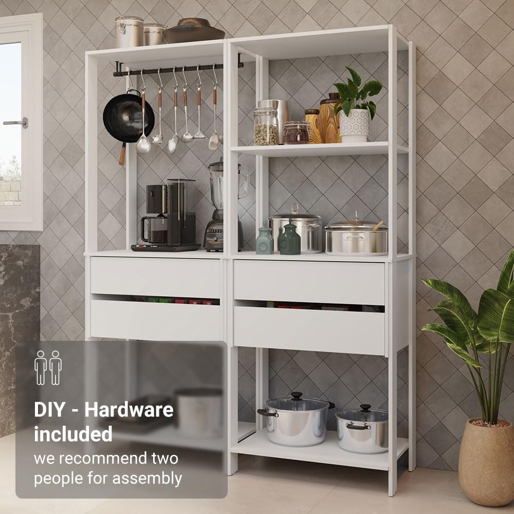 Madesa Kitchen Pantry Storage Rack with 4 Drawers, 5 Shelves and Hanging Space 55" L Multiuse Modular Cabinet for Kitchen Organization - White