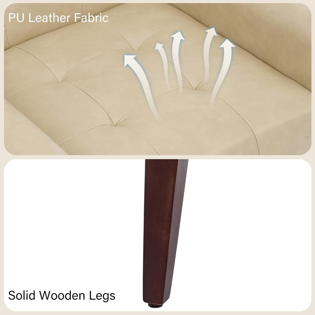 Accent Chair, Comfy Mid Century Modern Small Armchairs with Solid Wood Frame and Soft Cushion for Living Room, Bedroom (Faux Leather, Cream, Set of 2)