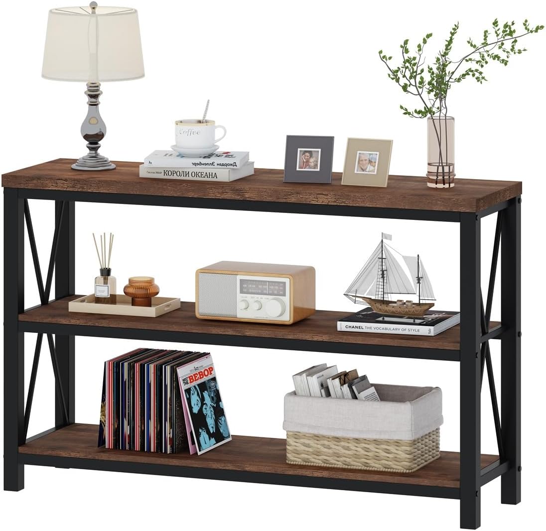 BON AUGURE 47” Narrow Console Table, 3 Tier Sofa Table Behind Couch, Rustic | Entryway Table with 3 Open Shelves, Industrial Steel Frame Entry Tables for Hallway, Foyer, Living Room, or Behind the Couch