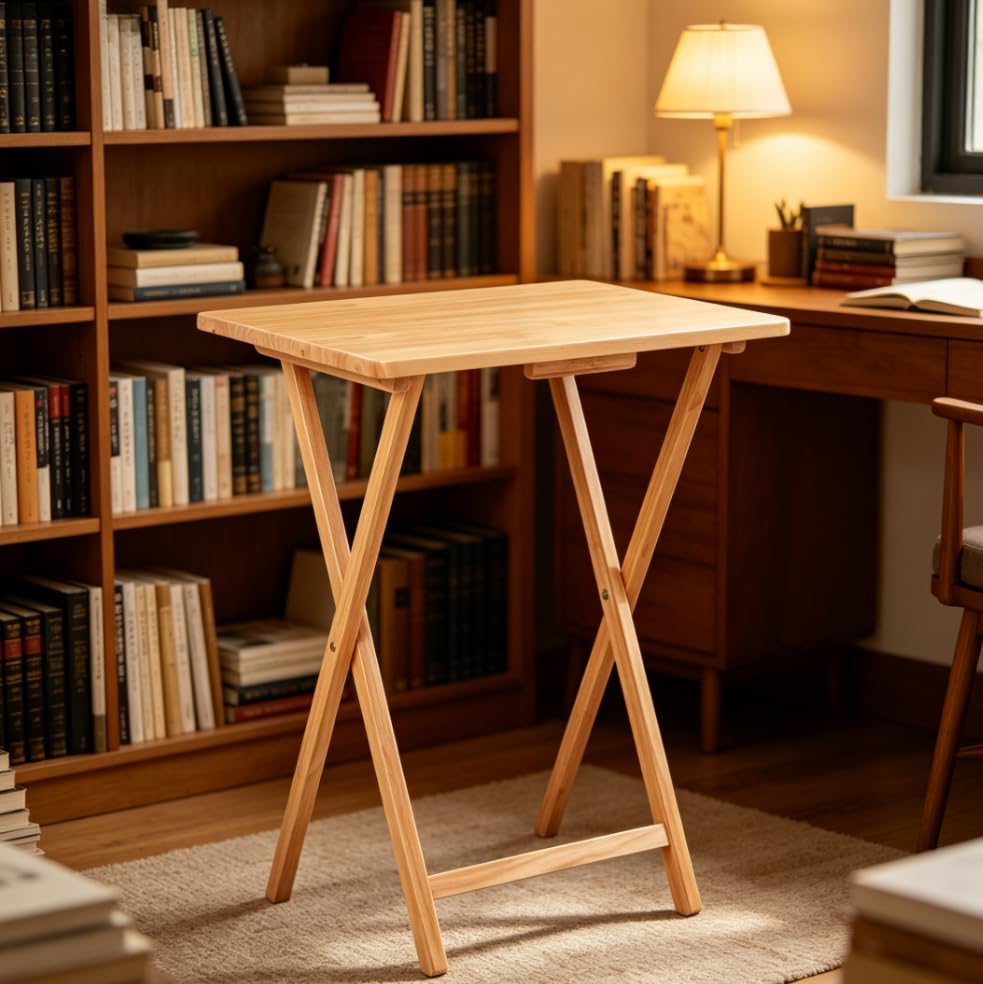 Natural Rubberwood Folding TV Dinner Tray Table, 19 x 14.5 x 26 Inch Foldable Portable Wooden Side Snack Table for Home Office Couch Bed