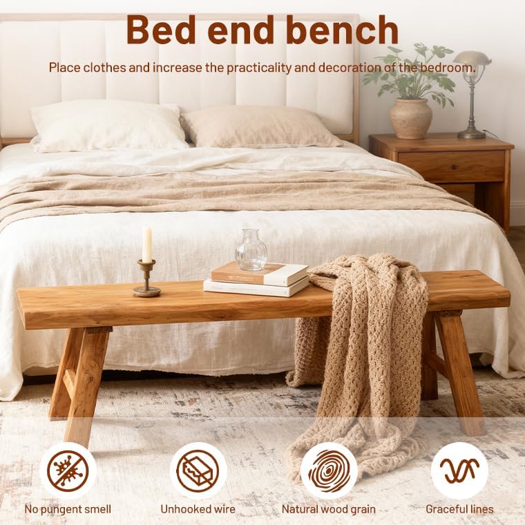 Wood Bench Indoor Farmhouse Skinny Entryway Bench Hallway Foyer with Sturdy | Rustic Indoor Bench End of Bed, Norrow Solid Wood Benches for Bedroom Living Room 31.4 x10.2 inch