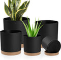 Plant Pots with Drainage Holes and Saucers – 7, 6.5, 6, 5, 4 Inch Plastic Planters for Indoor Outdoor Plants, Modern Matte Finish, Lightweight & Durable（Black）