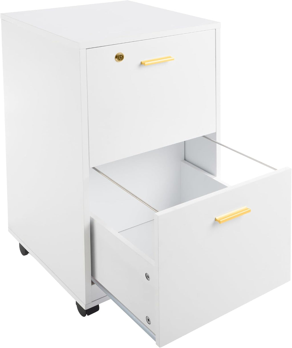 Lavish Home 2 Drawer File Cabinet - Filing Cabinet with Lock - Rolling File Cabinet for Under Desk Storage - Wood Filing Cabinet for Home or Office Organization (White)