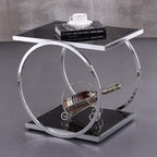 Telephone Table, Square Side Table,2 Layer Coffee Table,Telephone Table,Corner Table,Tempered Glass Sofa Side Table,554051CM(Color:Silver)