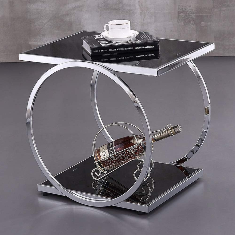 Telephone Table, Square Side Table,2 Layer Coffee Table,Telephone Table,Corner Table,Tempered Glass Sofa Side Table,554051CM(Color:Silver)