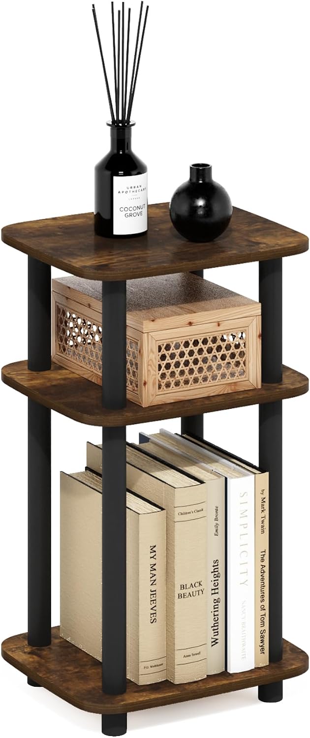 Furinno JUST 3-Tier Telephone Table, Turn-N-Tube Toolless Side Table with Open Shelf, Round Curve Corner Night Stand, Bedside Table, for Living Room, Bedroom, Amber Pine